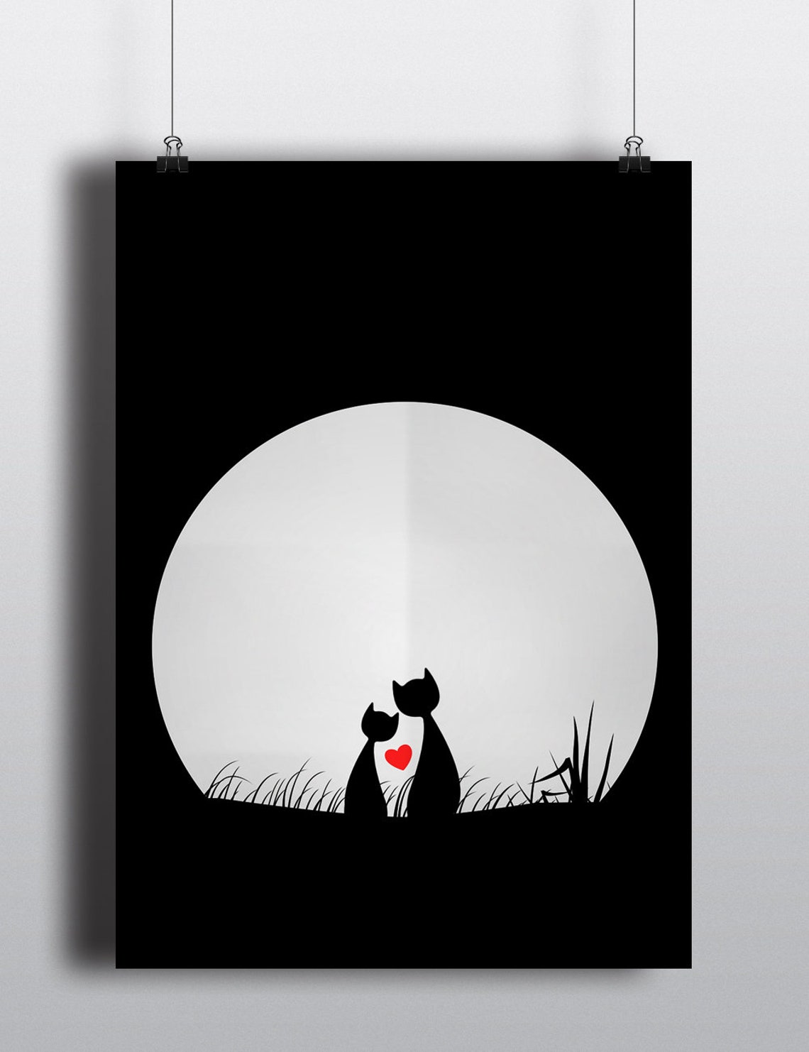 Two Black Cats Silhouette Under Full Moon Red Heart Night Poster