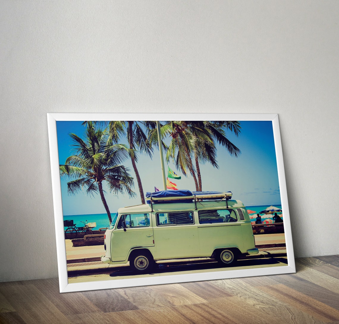 Vintage VW Camper Van Beach Palms Retro Travel Road Trip Poster