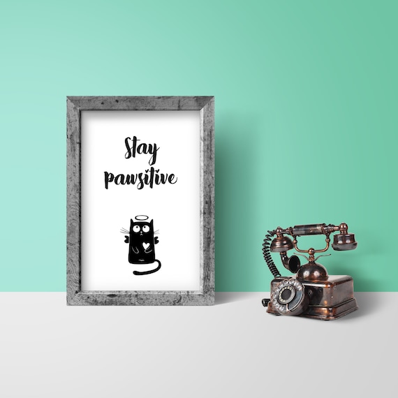 Stay Pawsitive Funny Black Cat Angel Cute Kitten Pun Wall Poster