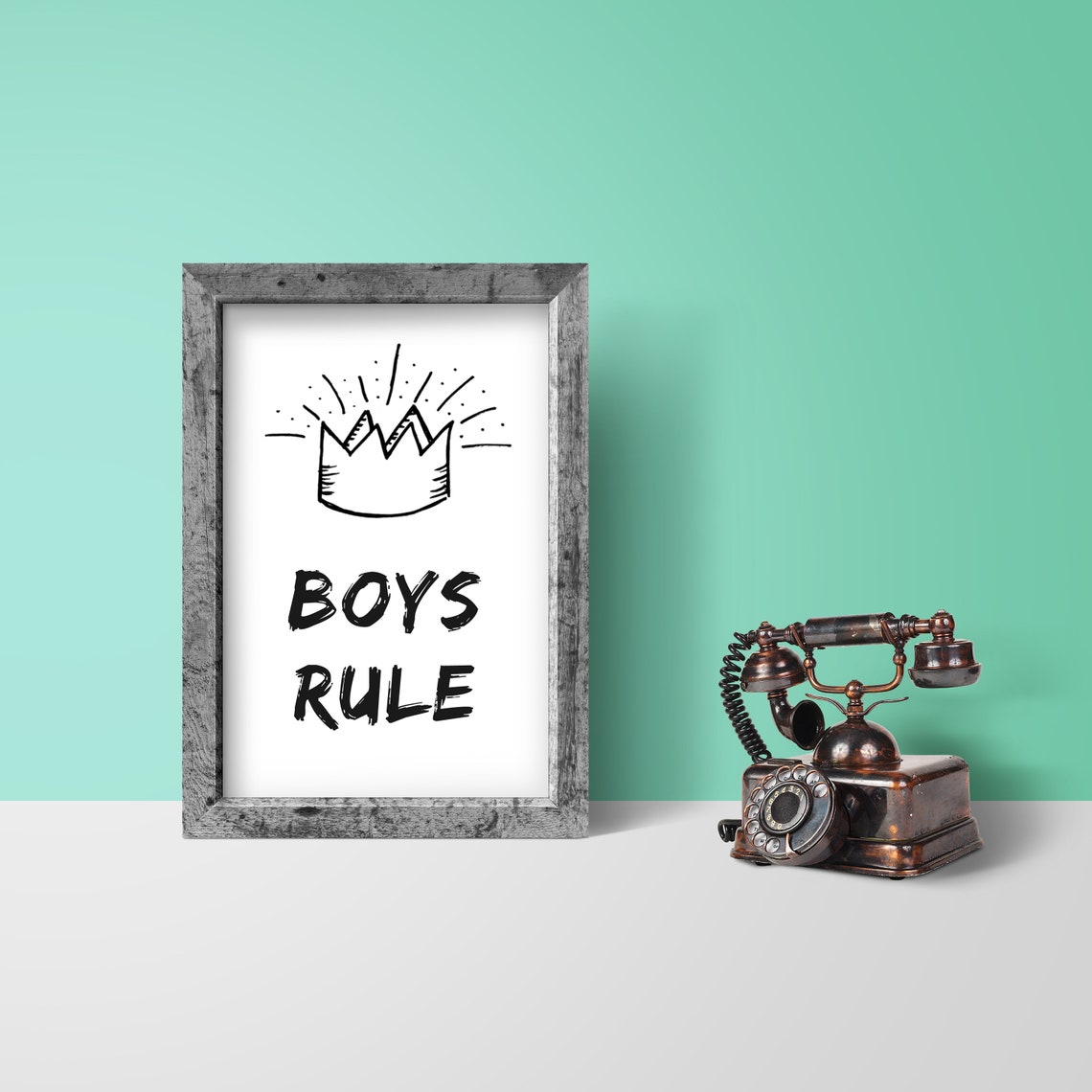 Boys Rule Crown Bold Typography Kids Room Decor Quote Wall Poster