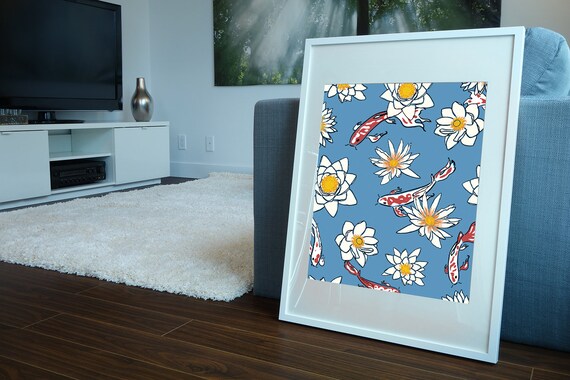 Koi Fish Print Floral Pattern Japanese Print Koi Fish Poster Japanese Decor Flowers Poster Fish Poster Living Room Decor Pattern Art