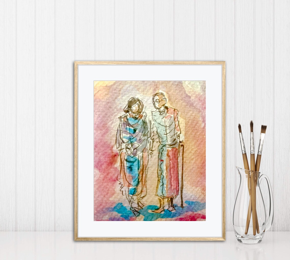 The Golden Years Elderly Couple Walking in India Watercolor Art Poster - Image 5