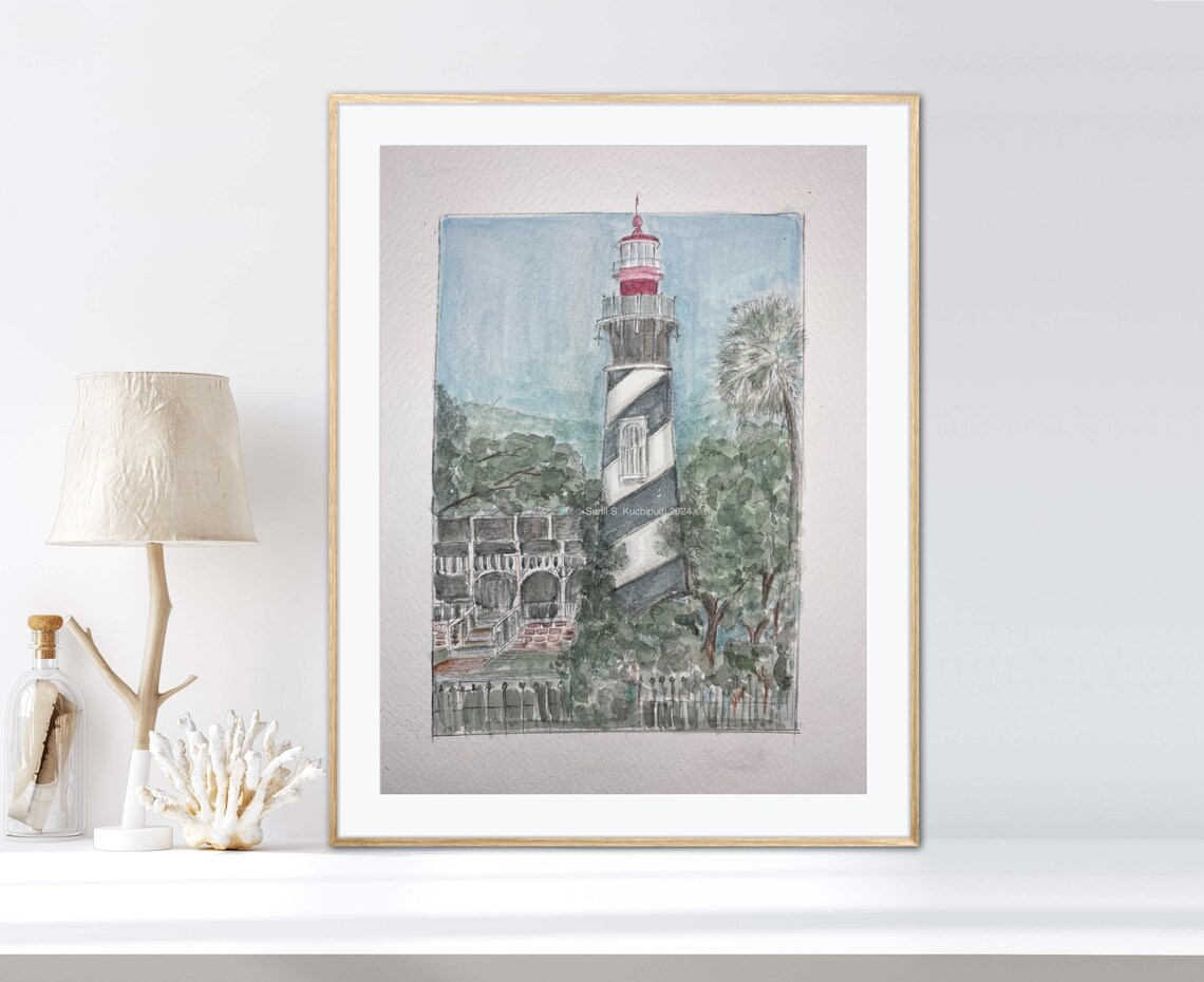 St Augustine Lighthouse Florida Watercolor Coastal Palm Art Poster - Image 4