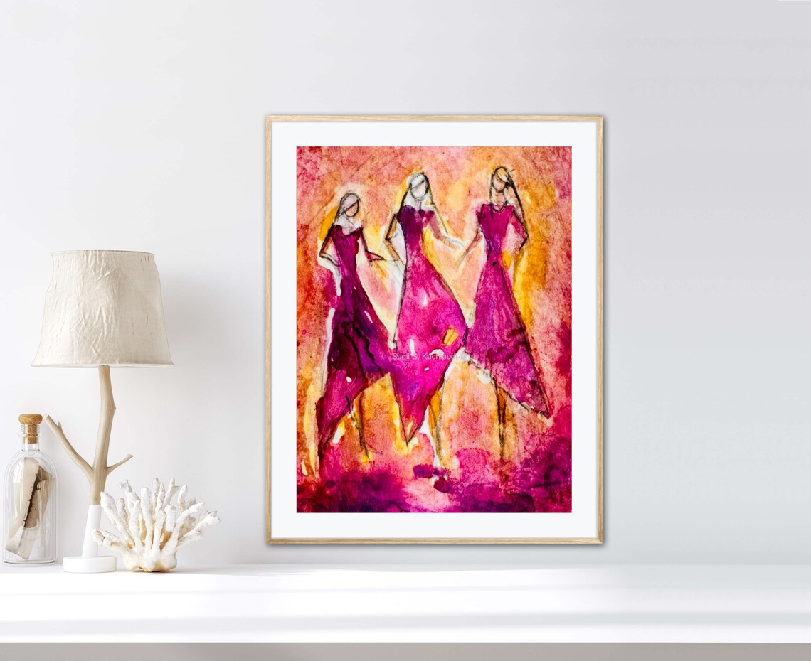Friendships Abstract Watercolor Three Women Dancing Pink Art Poster