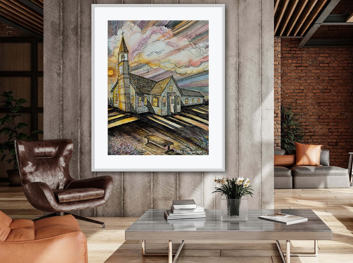 Sunset Years Old Church at Sunset Watercolor Christian Art Poster - Image 4