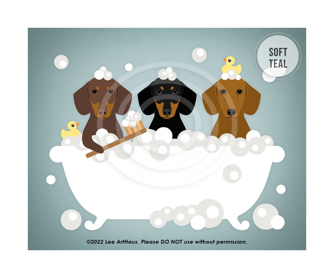 Three Dachshunds Bubble Bath Teal Brush And Duckies Cute Dog Poster - Image 4