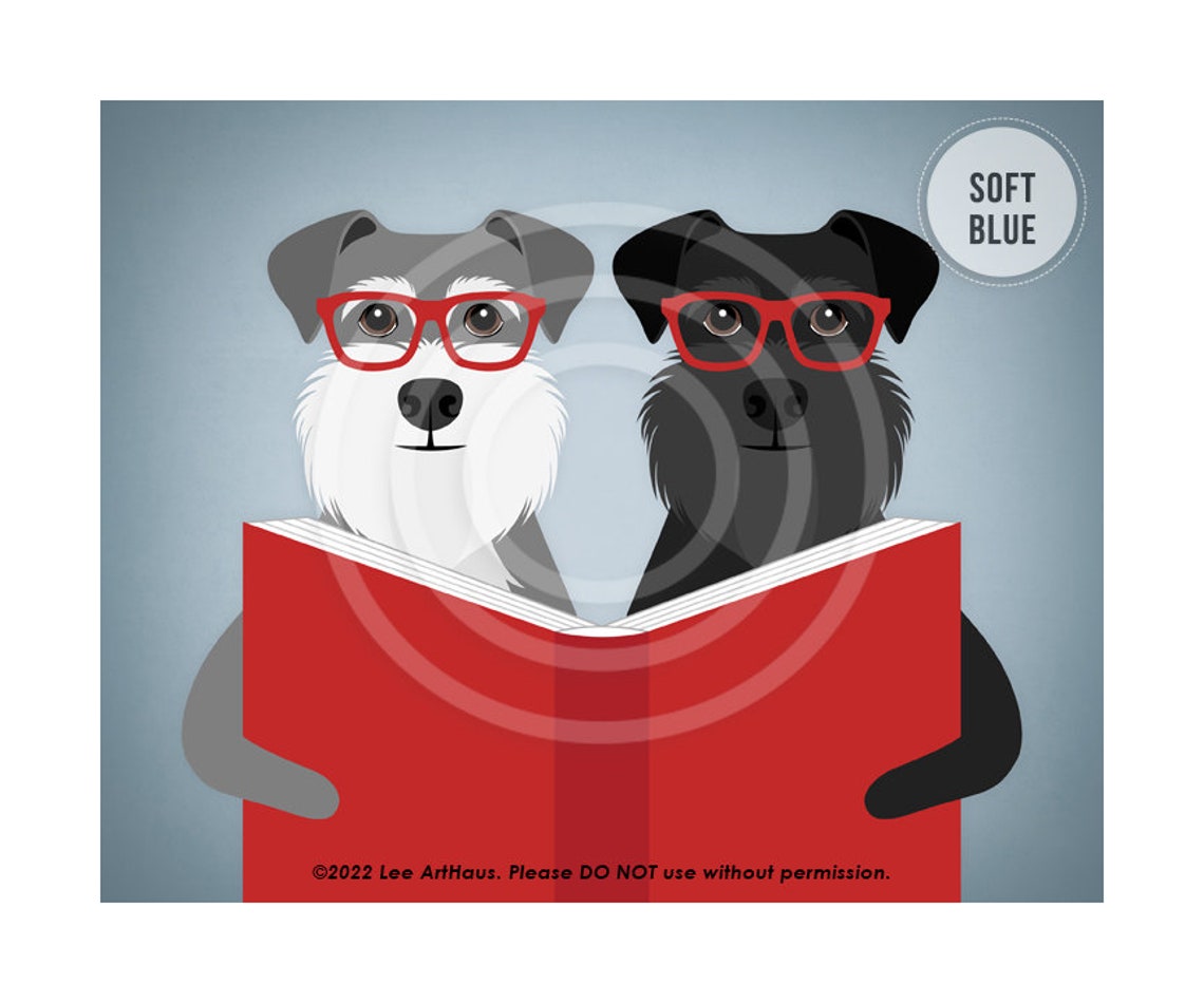 Two Schnauzers With Red Glasses Reading Big Red Book Dog Art Poster - Image 2