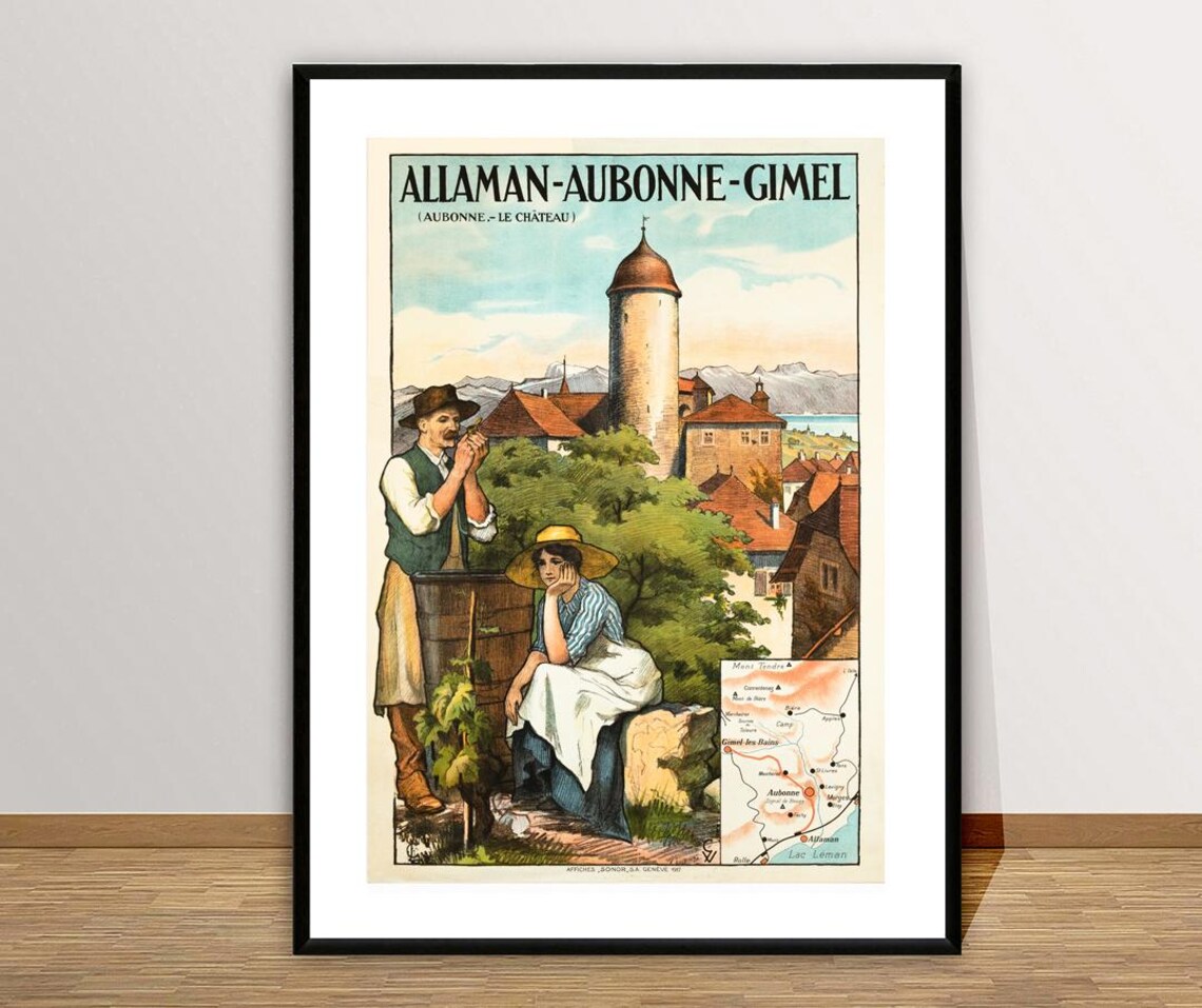 Allaman Aubonne Gimel Castle Lake Geneva Swiss Vintage Travel Poster - Image 2