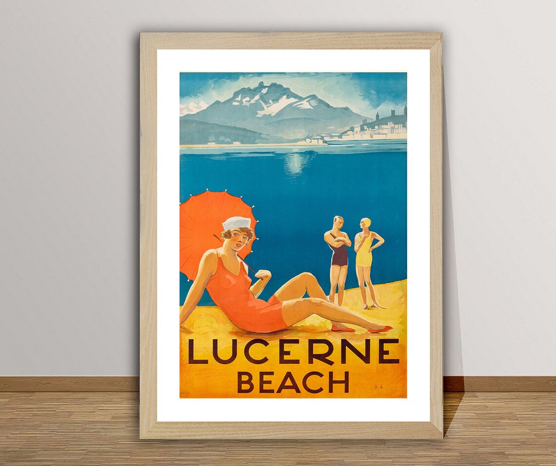 Lucerne Beach Switzerland Vintage Swiss Lake Bathing Travel Poster