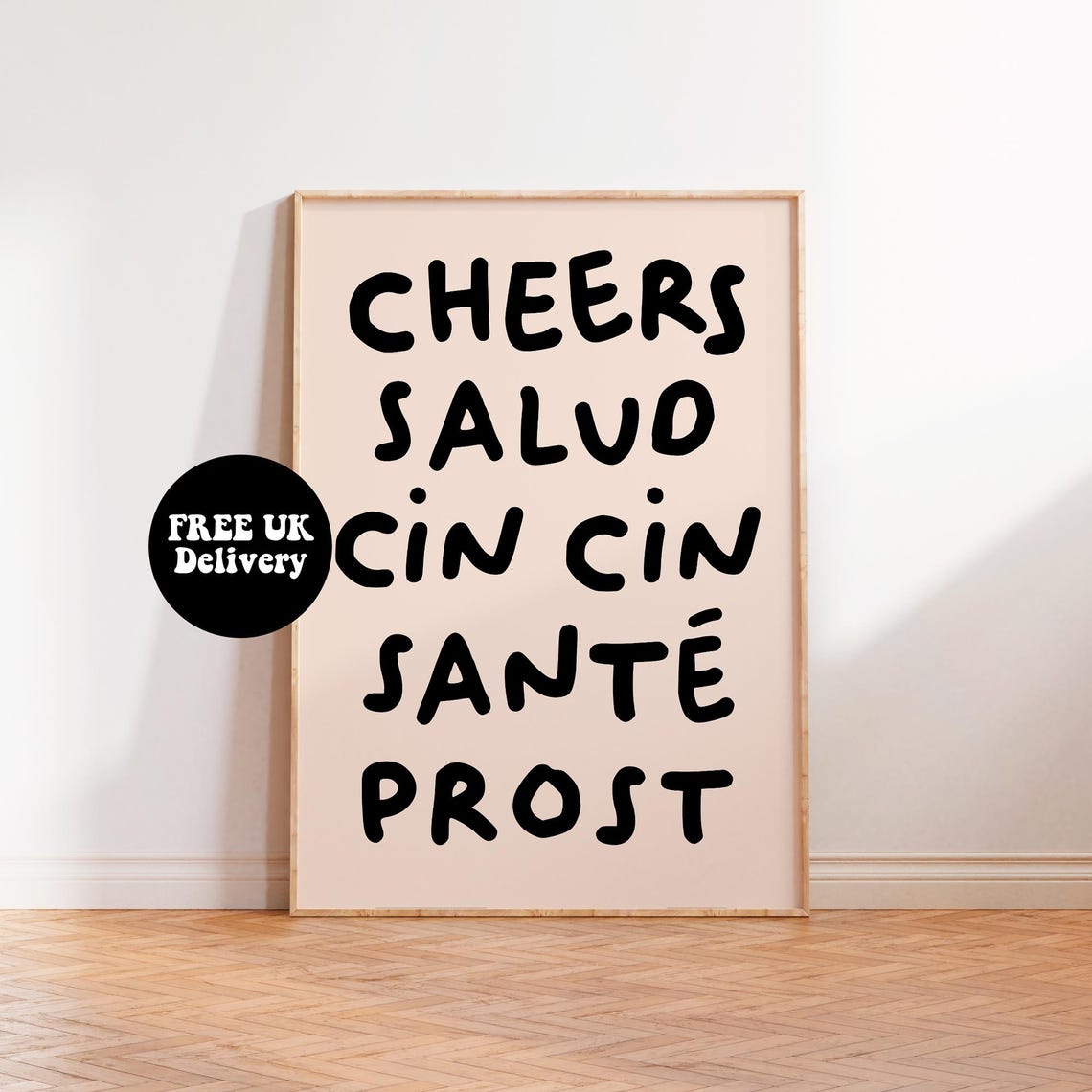 Cheers Salud Cin Cin Bar Cart Poster Black Handwritten On Cream