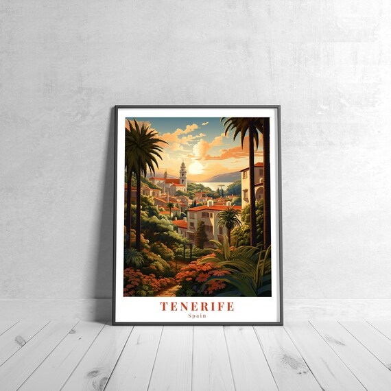 Tenerife Spain Sunset Town Palms Vintage Travel Poster Canary Islands