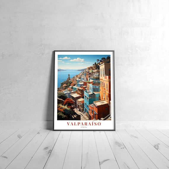 Valparaiso Chile Colorful Hillside Houses Bay Vintage Travel Poster