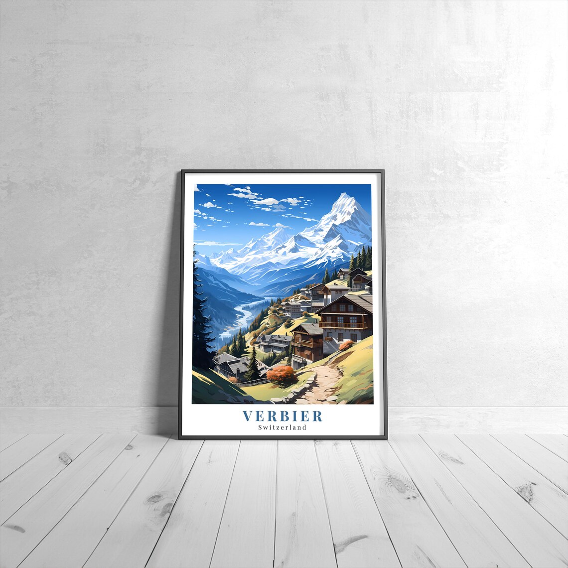 Verbier Switzerland Alpine Village Snowy Peaks Vintage Travel Poster