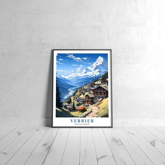 Verbier Switzerland Alpine Village Snowy Peaks Vintage Travel Poster
