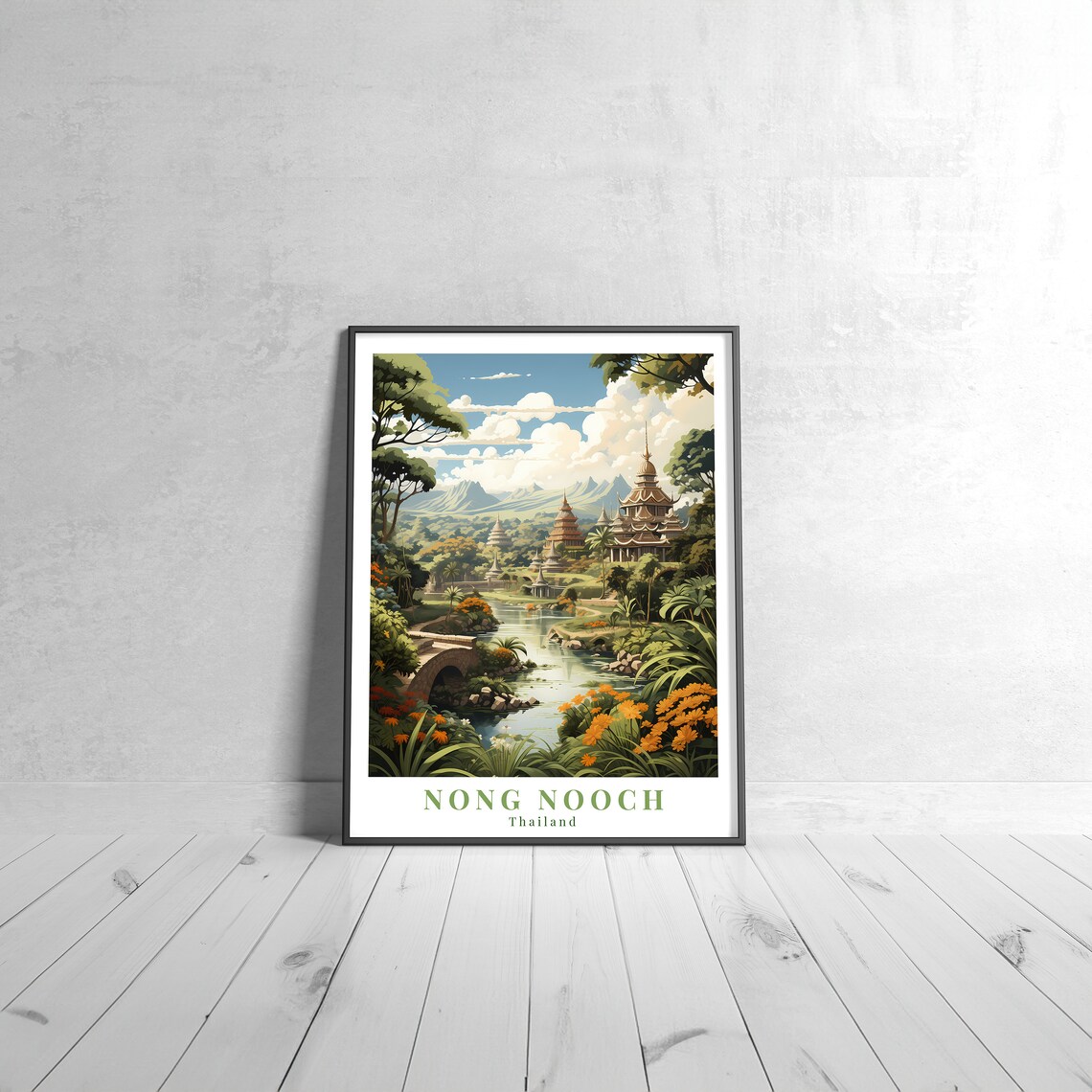 Nong Nooch Thailand Vintage Travel Poster With Tropical Garden Pagodas
