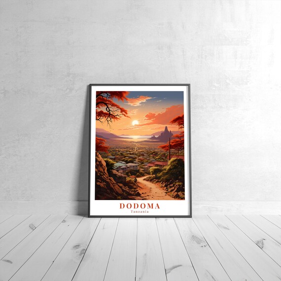 Dodoma Vintage Travel Poster Retro Tanzania Sunset City Hills Decor