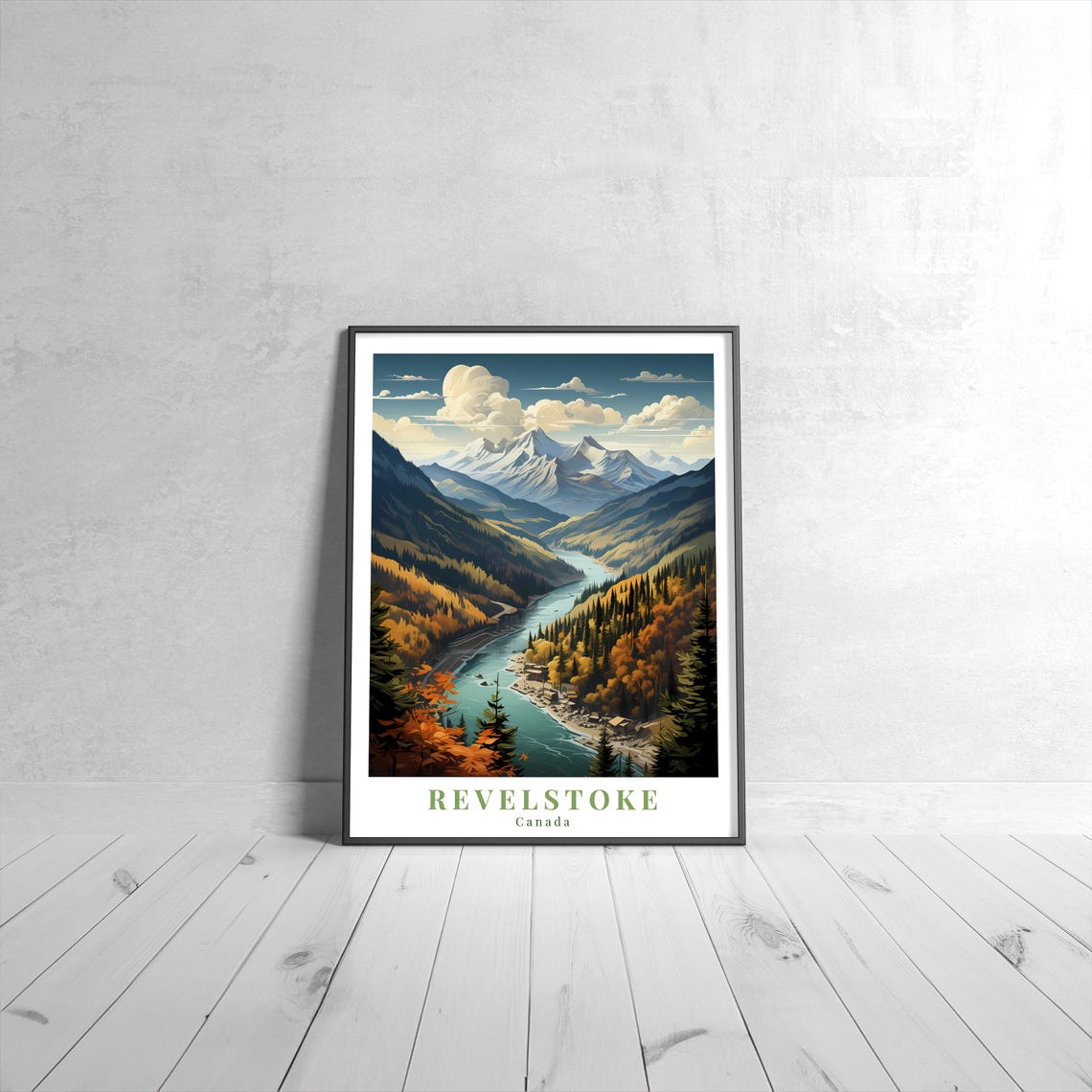 Revelstoke Canada Autumn Mountain River Valley Travel Poster