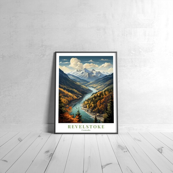 Revelstoke Canada Autumn Mountain River Valley Travel Poster