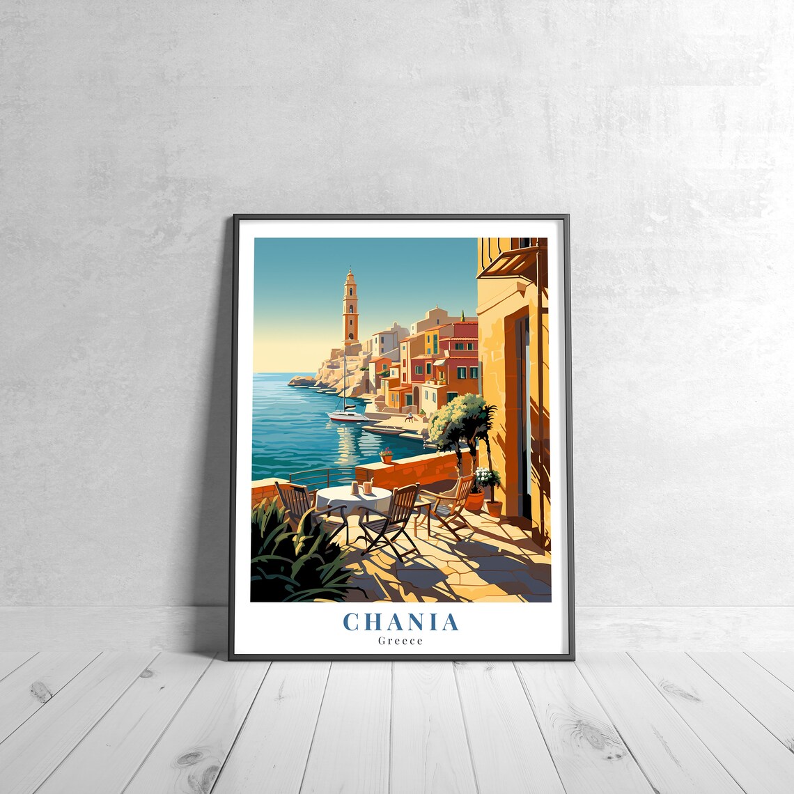 Chania Greece Harbor Terrace Cafes Golden Seaside Evening Travel Poster