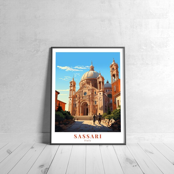 Sassari Italy Cathedral Dome Bell Tower Vintage Travel Poster