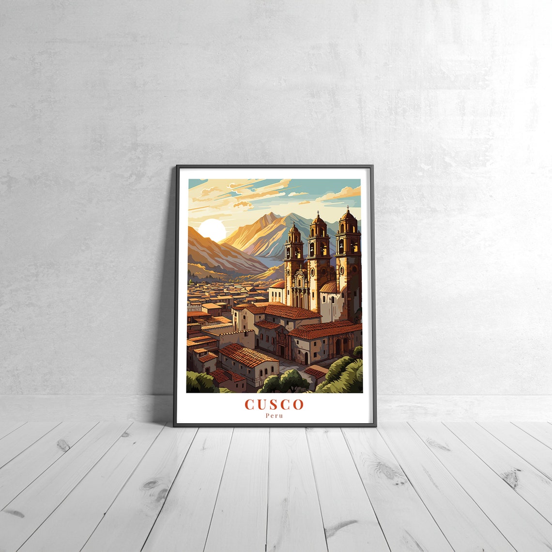 Cusco Peru Vintage Travel Poster Colonial City Sunset Artwork