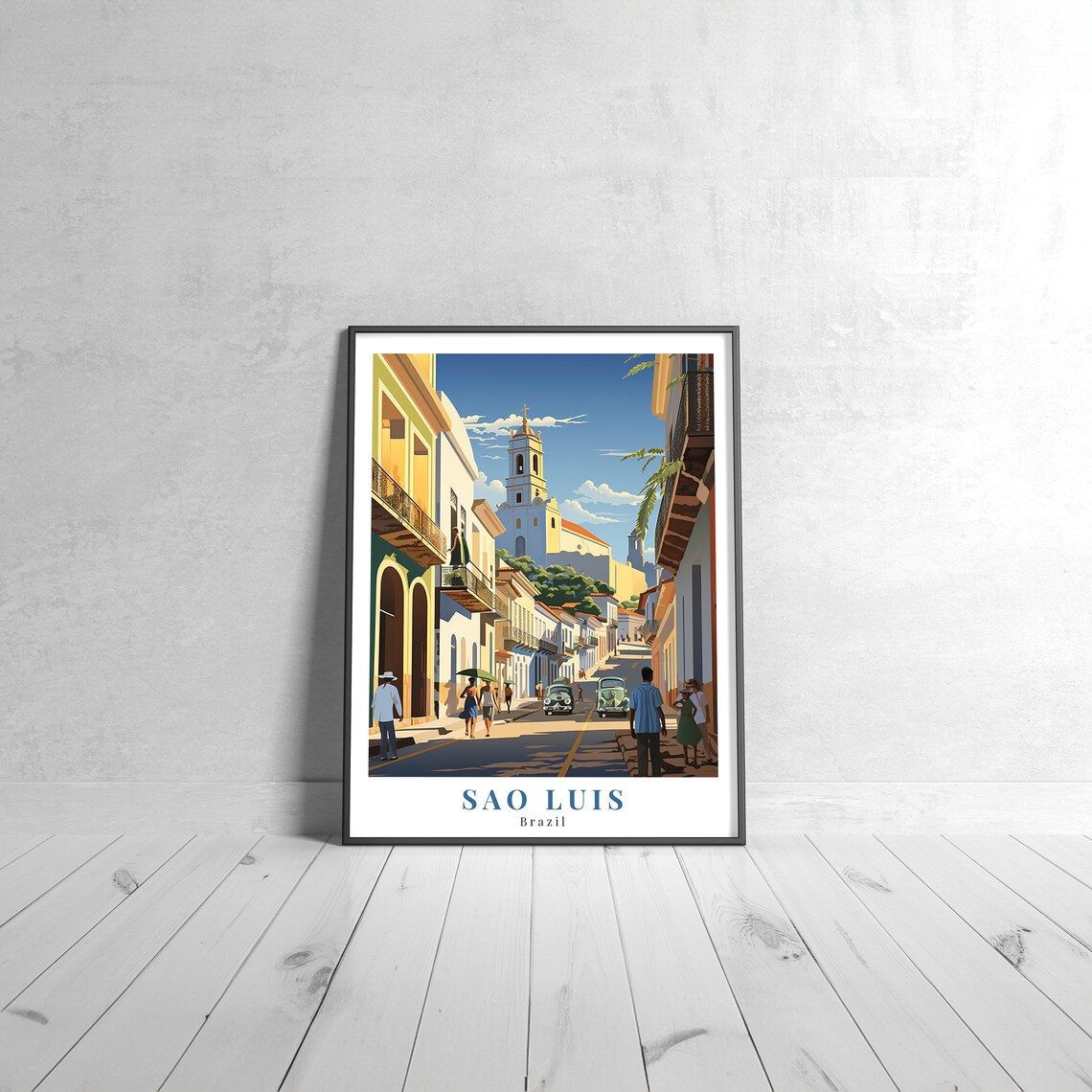 Sao Luis Brazil Vintage Travel Poster Colonial Street Church Tower Scene