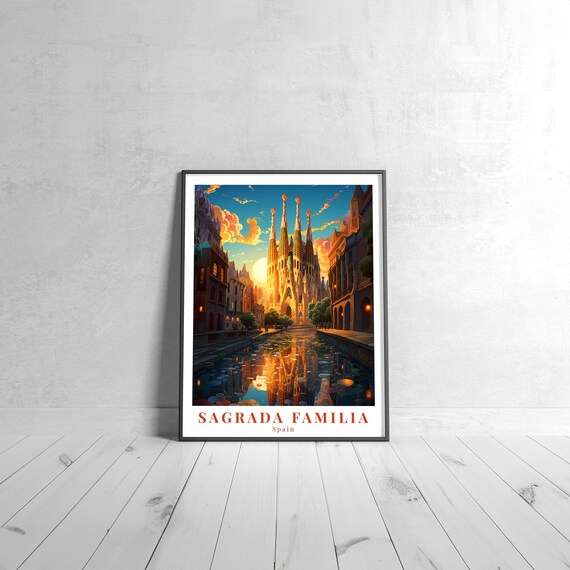 Sagrada Familia Spain Vintage Travel Poster Gaudi Basilica Sunset