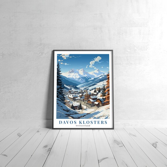 Davos Klosters Switzerland Snowy Alpine Village Travel Poster