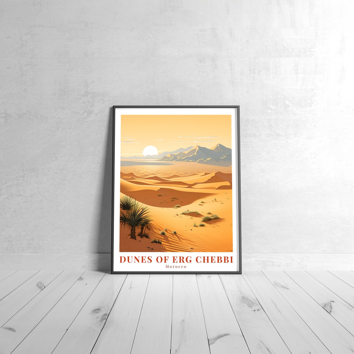 Erg Chebbi Sand Dunes Golden Sunset Morocco Vintage Travel Poster