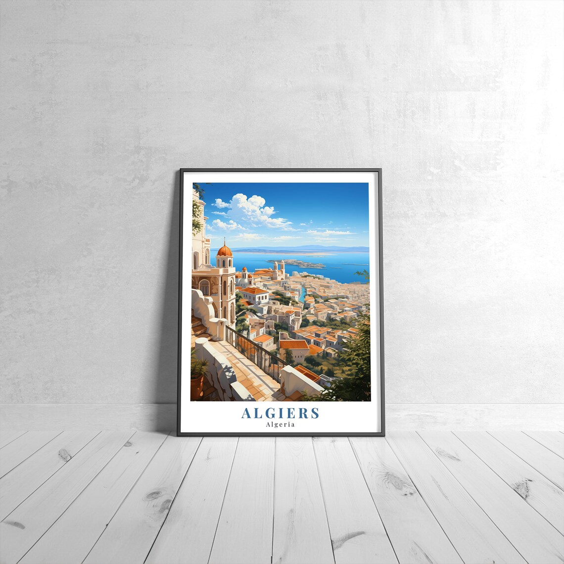 Algiers Algeria Coastal City Blue Bay White Rooftops Vintage Travel Poster