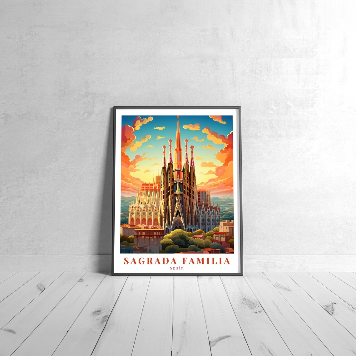 Sagrada Familia Spain Vintage Travel Poster Sunset Illustration