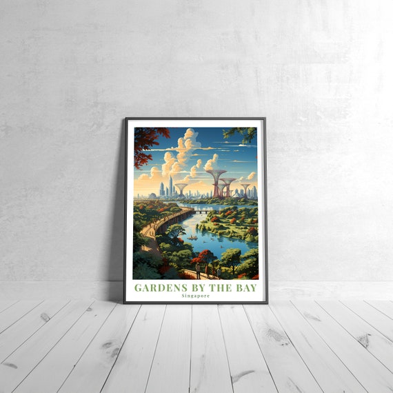 Gardens By The Bay Vintage Travel Poster Retro Singapore Art Print Colorful Home Decor Wall Unique Gift
