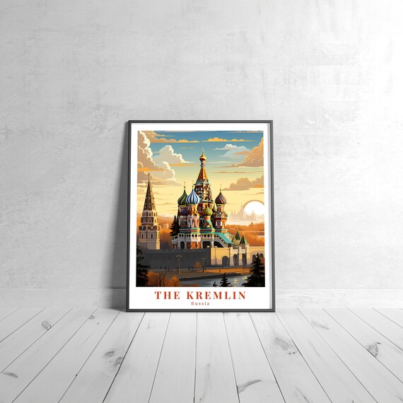 The Kremlin Russia Vintage Travel Poster of St Basil Domes Sunset