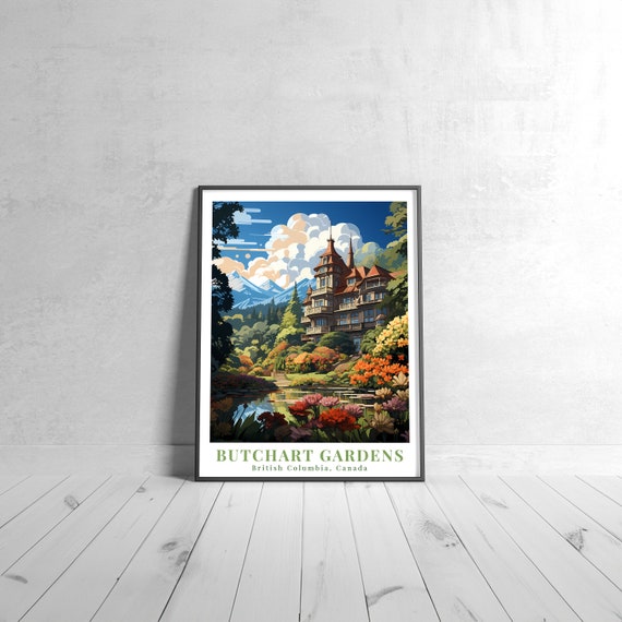 Butchart Gardens Vintage Travel Poster Retro British Columbiacanada Art Print Colorful Home Decor Wall Unique Gift