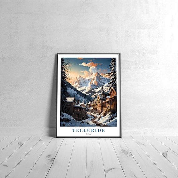 Telluride USA Snowy Mountain Town Sunset Vintage Travel Poster