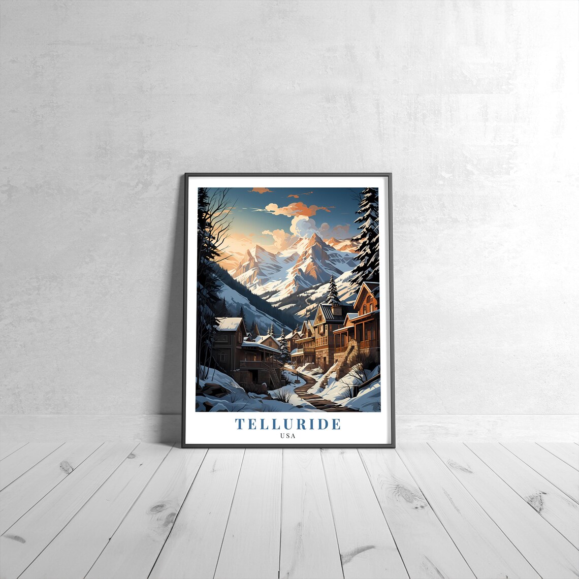 Telluride USA Snowy Mountain Town Sunset Vintage Travel Poster