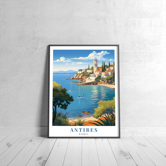 Antibes France Sailboats Coastal Town Retro Travel Illustrated Poster