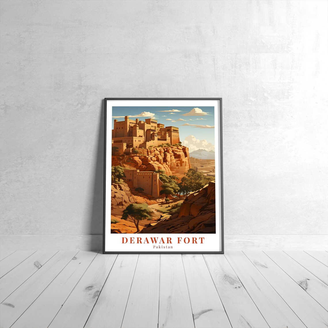 Derawar Fort Pakistan Vintage Travel Poster Desert Fortress Historic Scene