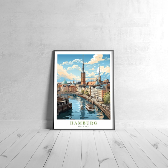 Hamburg Germany Harbor Canal Historic Warehouses Vintage Travel Poster