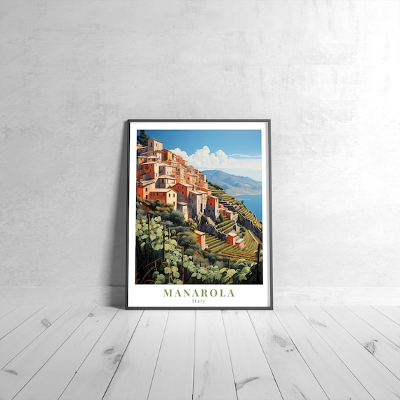 Manarola Italy Cinque Terre Cliff Village Vineyards Colorful Travel Poster