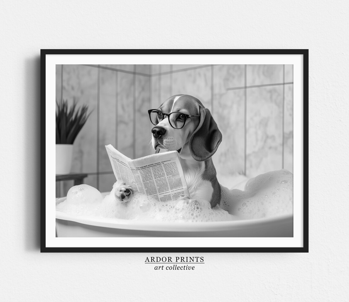 Beagle in Bathtub, Funny Bathroom Art Print