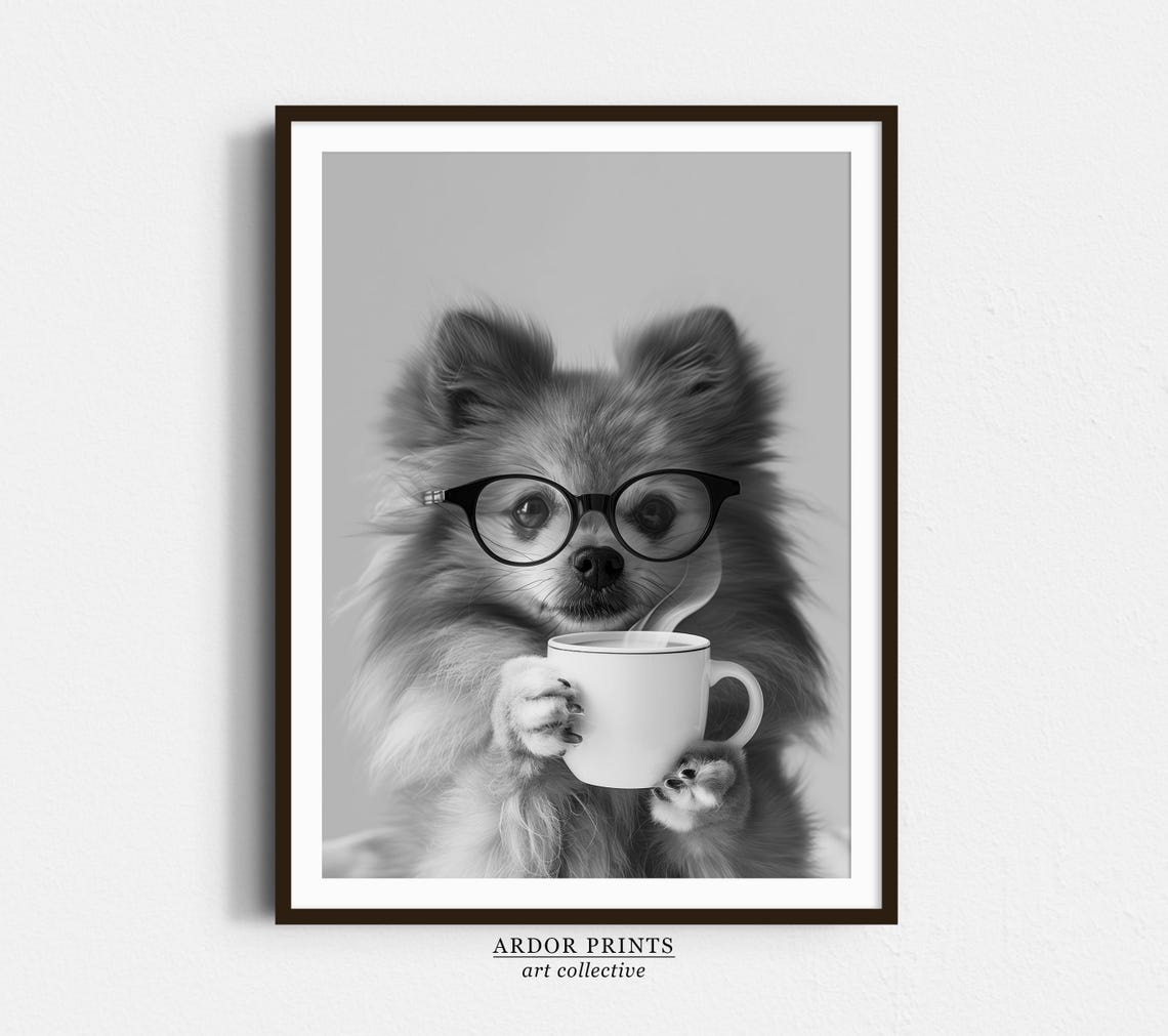 Pomeranian With Glasses Holding Coffee Black and White Poster