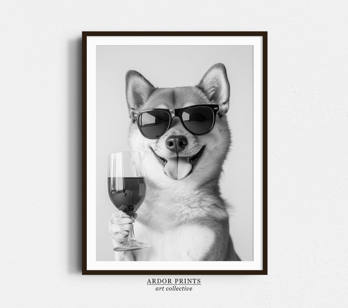 Shiba Inu With Sunglasses Holding Wine Glass Black White Poster