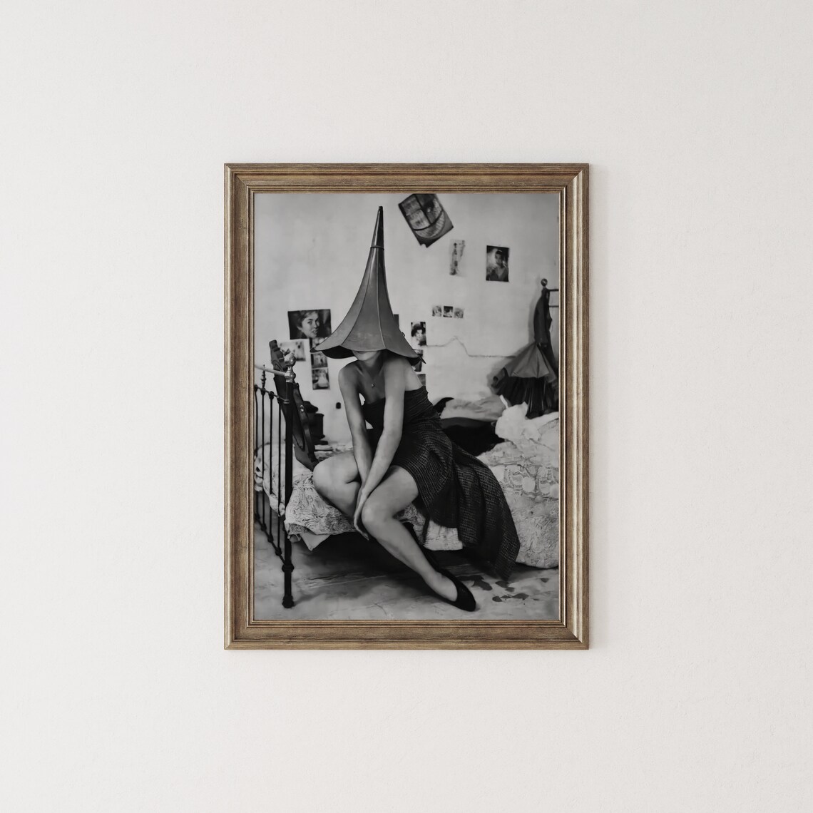 Woman Sitting on Bed Wearing Gramophone Horn Hat Surreal Vintage Poster - Image 2