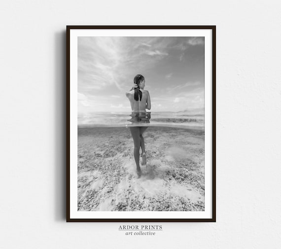 Woman Standing In Clear Ocean Water Black And White Beach Poster