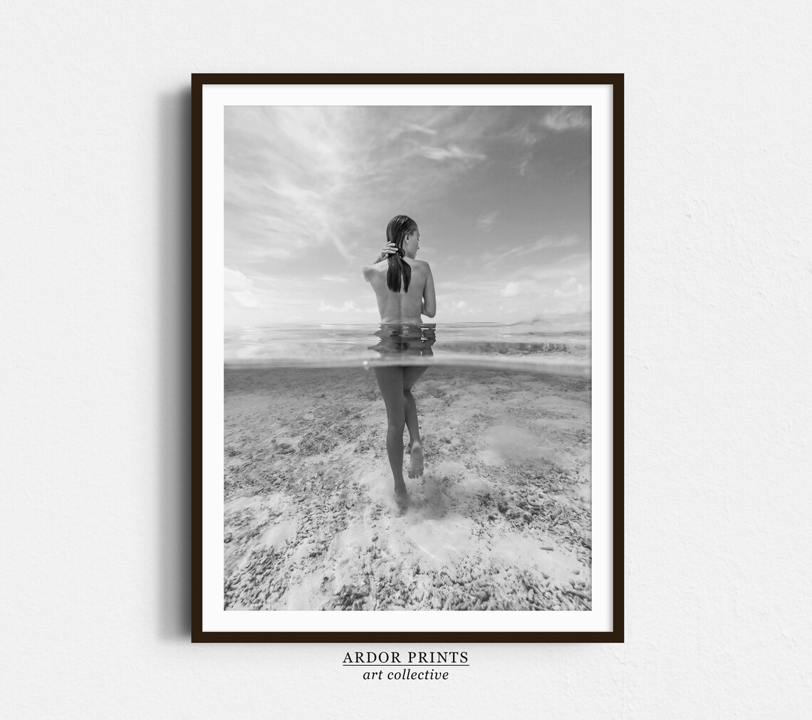 Woman Standing In Clear Ocean Water Black And White Beach Poster
