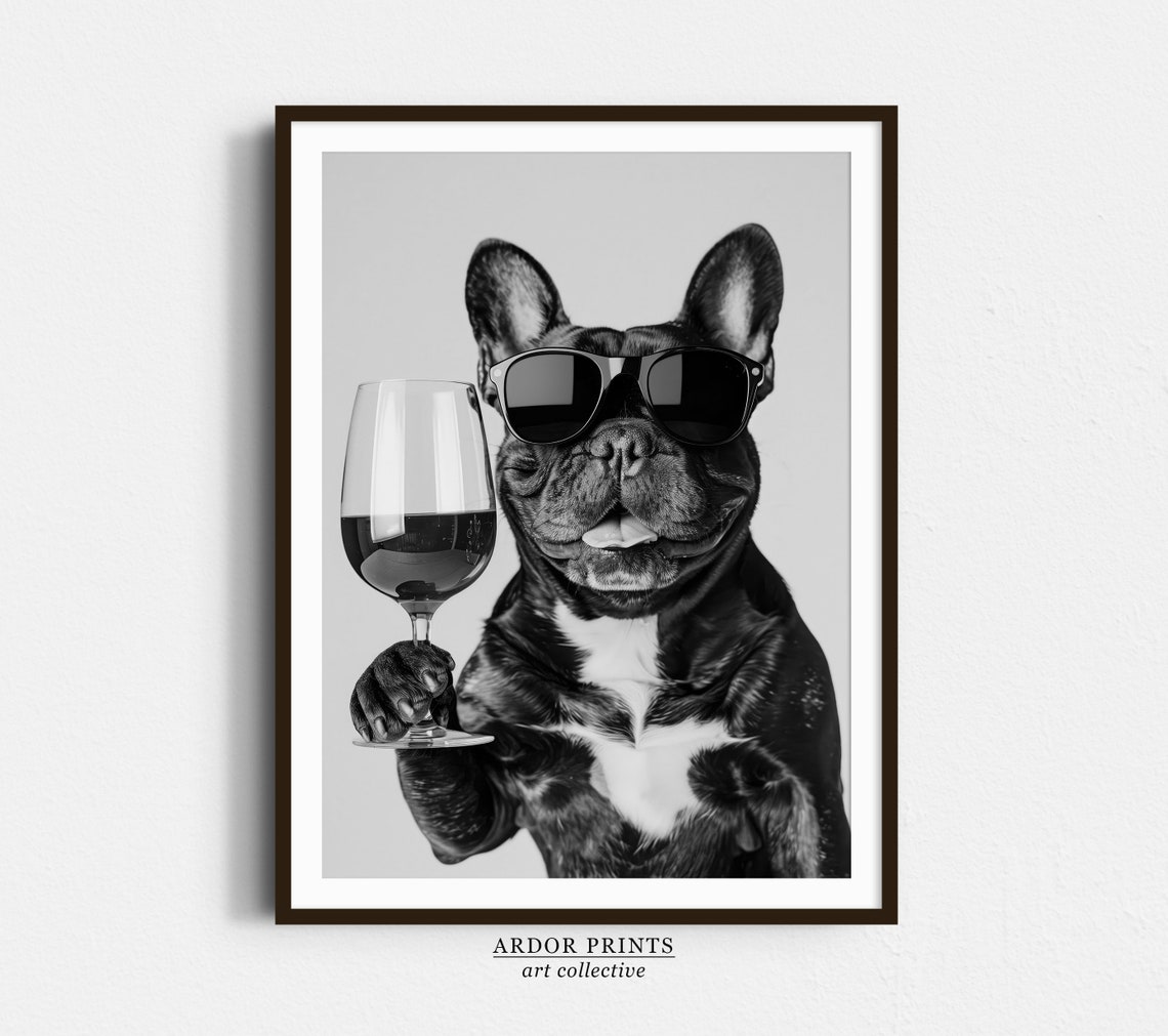 French Bulldog With Sunglasses Holding Wine Glass Funny Poster