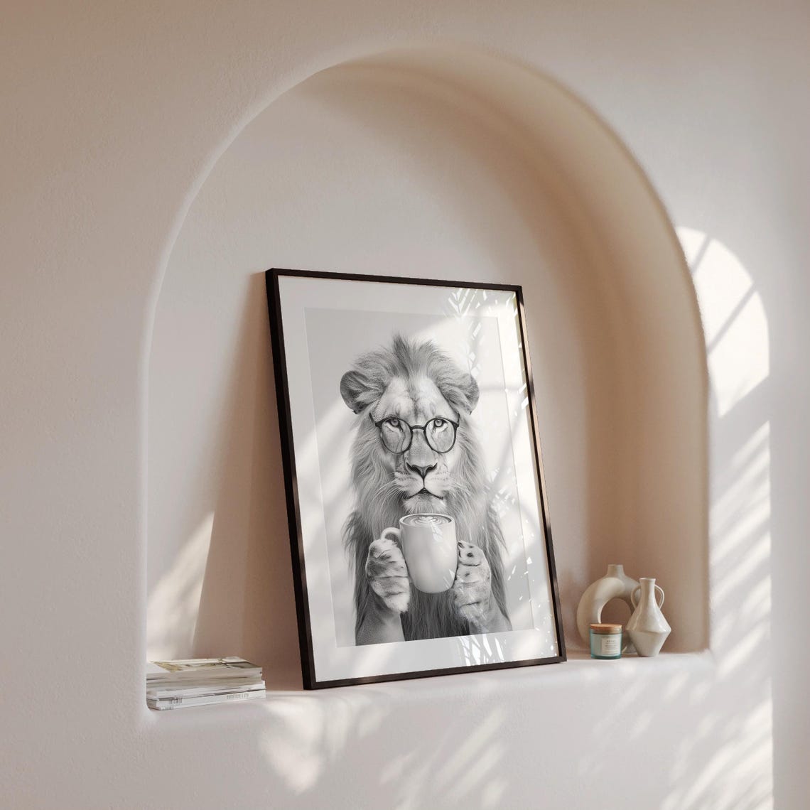 Lion Wearing Glasses Holding Coffee Cup Black And White Animal Poster - Image 4