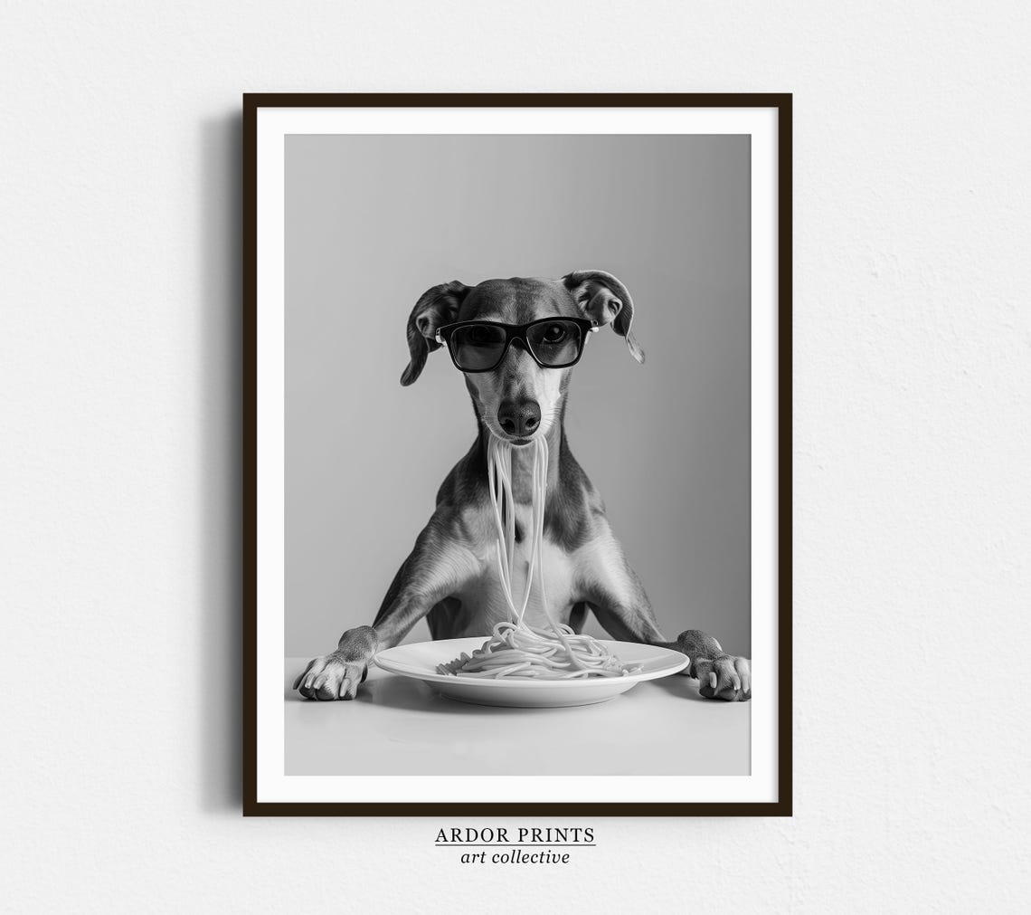 Greyhound Wearing Sunglasses Eating Spaghetti Black and White Poster
