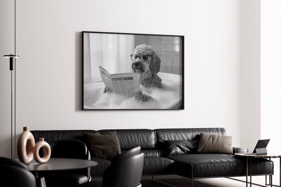 Labradoodle Reading Newspaper In Bubble Bath Funny Bathroom Poster - Image 4